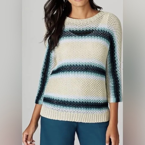 J. Jill Loose Knit Dolman 3/4 Sleeve Sweater Linen Blend Striped Blue Beige - Picture 3 of 12